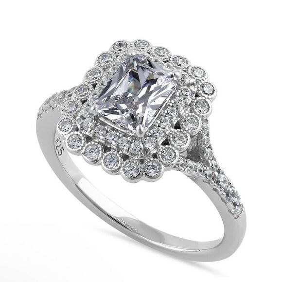 Sterling Silver Chic Emerald Cut Halo Clear CZ Engagement Ring New - Picture 1 of 4